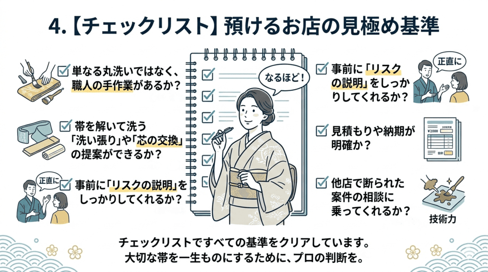 帯の染み抜き「お店選び」のチェックリスト