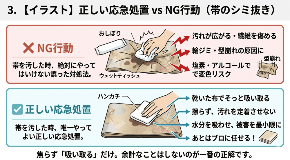 帯のシミ正しい応急処置