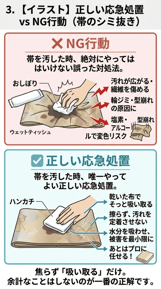 帯のシミ正しい応急処置