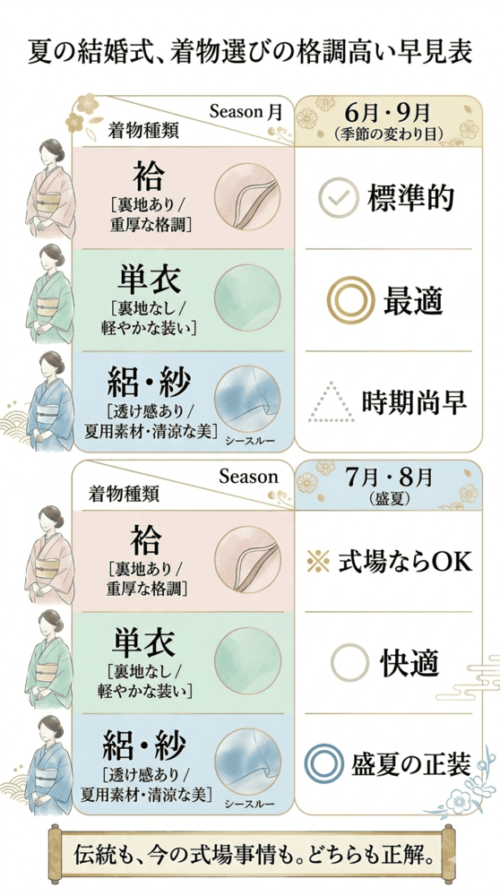 夏の結婚式、着物選びの格調高い早見表