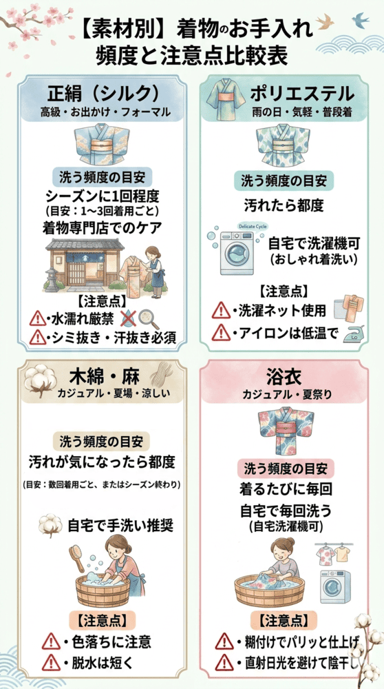 着物素材別の洗濯・クリーニング頻度