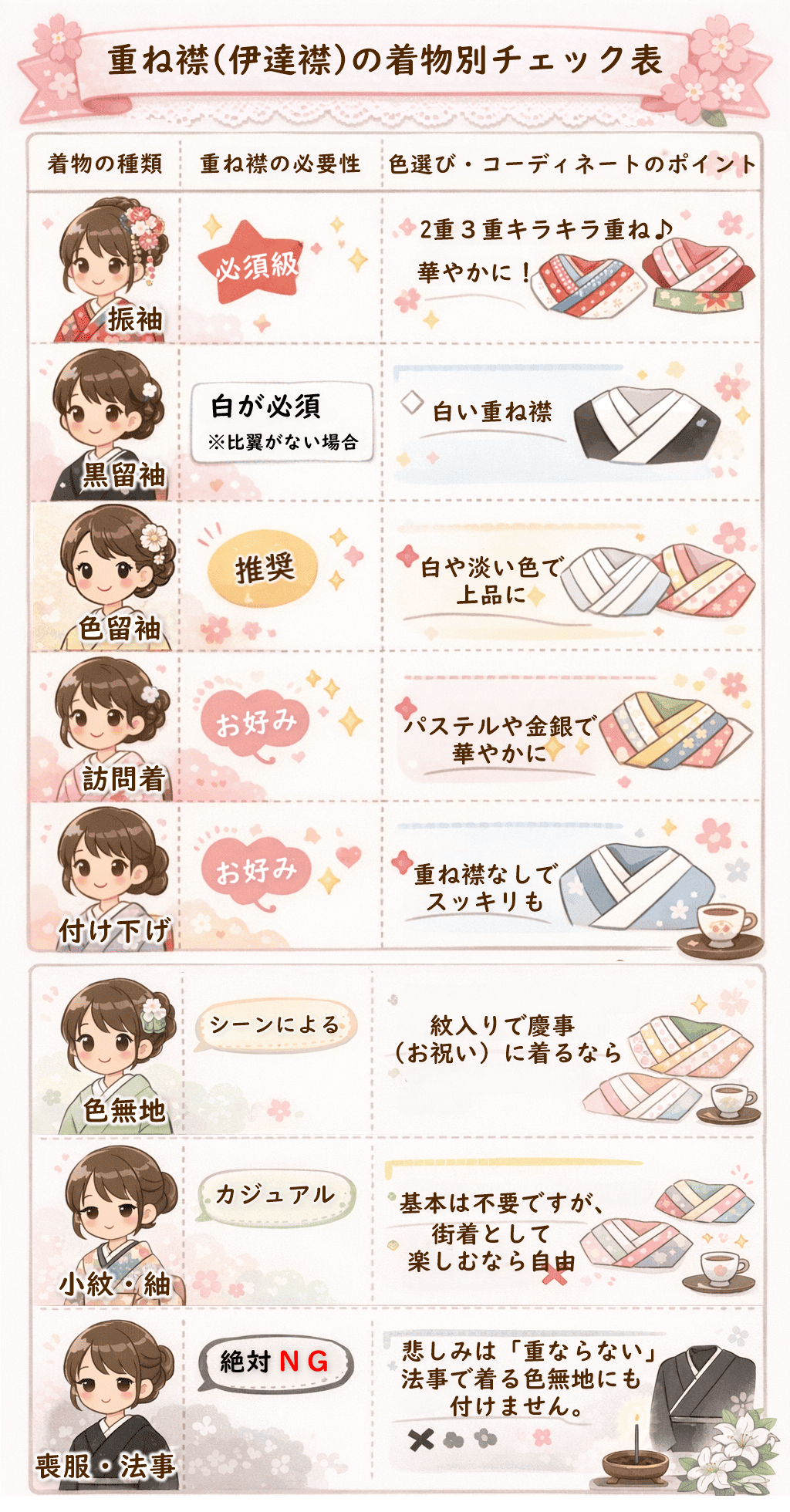 重ね襟（伊達襟）の着物別チェック表