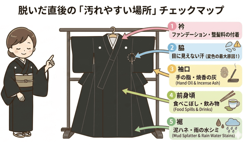 喪服着物を脱いだ直後の汚れやすい場所チェックマップ