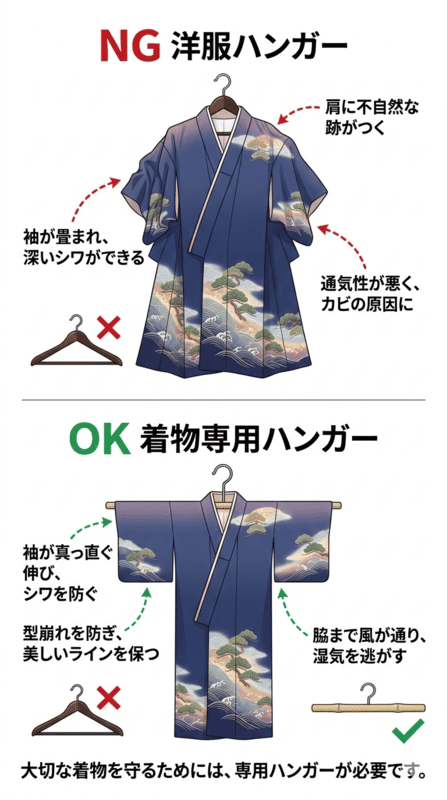 洋服ハンガーではなく「着物ハンガー」が不可欠